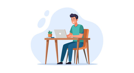 A young man sits at his desk, working on a laptop with a plant and phone nearby, ideal for landing pages and corporate presentations in a flat design style.