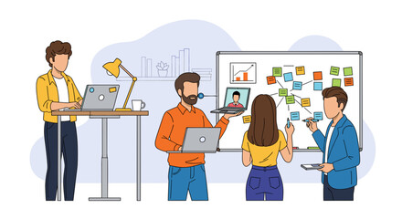 Creative business professionals collaborate on a strategic project, utilizing laptops and a whiteboard to brainstorm innovative solutions in a modern office.