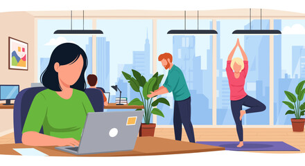 Modern office workers engage in diverse activities, including yoga and computer tasks, promoting a healthy and productive corporate environment.