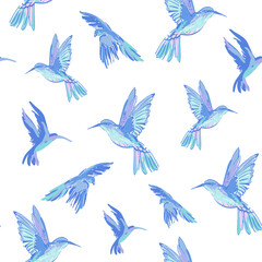 Flying exotic birds seamless pattern. Colorful parrots, humming bird background. Hand drawn bird ink sketch. Summer tropical wildlife vector illustration for paper, wallpaper, textile, Hawaiian shirt