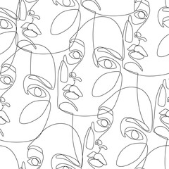 Female face one line minimal drawing with curved lines on white background. Woman portrait seamless pattern. Vector illustration for fashion design. Abstract minimal artwork of young girl