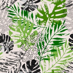 Art illustration: rough grunge tropical leaves filled with marble texture, doodle elements background. Abstract palm, monstera leaf in retro vintage colors, vector seamless pattern. Hand drawn design