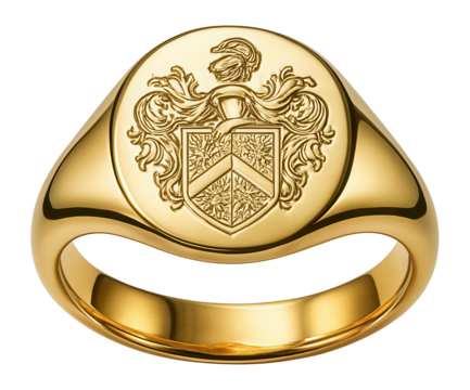 Gold signet ring featuring an engraved crest on a flat top