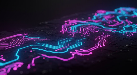 Futuristic Circuit Board with Glowing Neon Traces and Electronic Paths Representing High-Tech Connectivity and Data Transfer