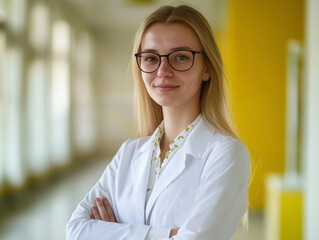 Confident female doctor or medical student standing with arms crossed in a brightly lit hospital hallway. Wearing glasses and a white lab coat, she appears professional, intelligent, and approachable.