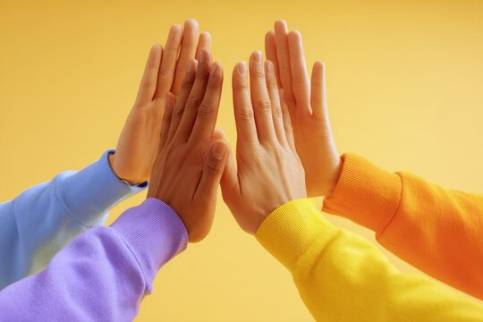 Four friends give a collaborative high five, showing teamwork, agreement and a bright and colorful unity against a yellow backdrop.
