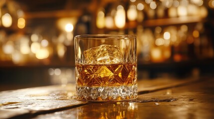 Crystal glass of whiskey with ice resting on bar counter in warmly lit pub