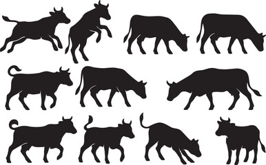 Black cow silhouettes various poses cattle livestock