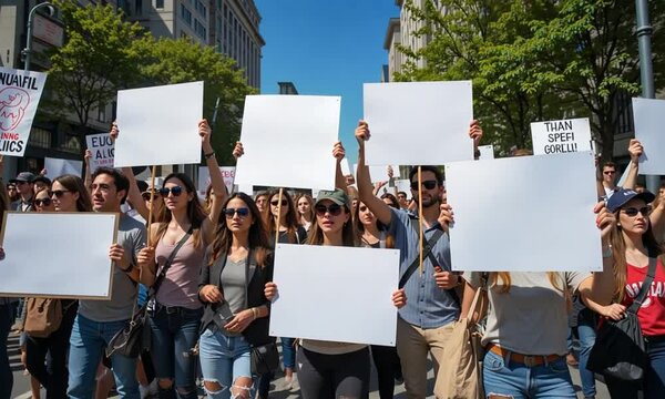 A large group of people marching, holding blank signs