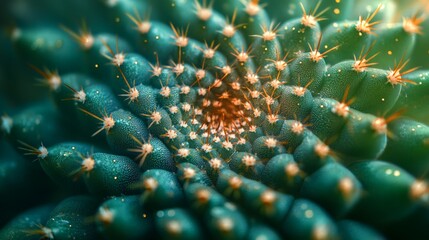 Close-up of turquoise cactus revealing intricate spiral pattern and tiny thorns