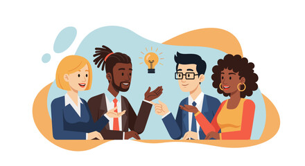 Diverse team collaborates on a business idea, brainstorming solutions with a bright lightbulb symbolizing innovation and success.