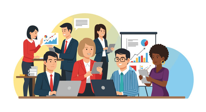 A diverse team collaborates on a marketing presentation, utilizing modern technology and data analysis to strategize and achieve corporate success through effective web design and promotional