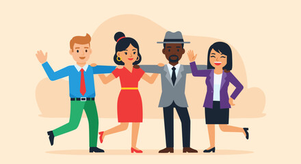 A cheerful, diverse group of colleagues or friends celebrates success in a flat design vector illustration suitable for marketing, web design, and presentations.