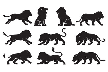 Fototapeta premium Black lion silhouettes in various poses animal wildlife