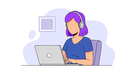 Modern flat design illustration of a person with headphones working on a laptop, perfect for web design and marketing presentations.