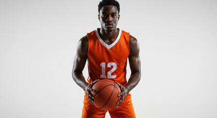 Focused african american basketball athlete in orange jersey with ball against neutral backdrop conveying power and determination in sports