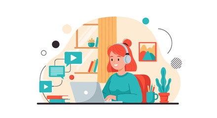 A flat design illustration depicts a young woman with headphones engaged in online learning or remote work, using a laptop at her home office desk.
