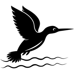 Silhouette of a kingfisher diving into water on white background