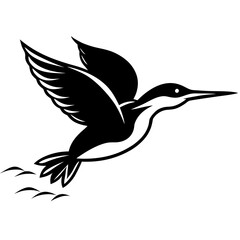 Silhouette of a kingfisher diving into water on white background