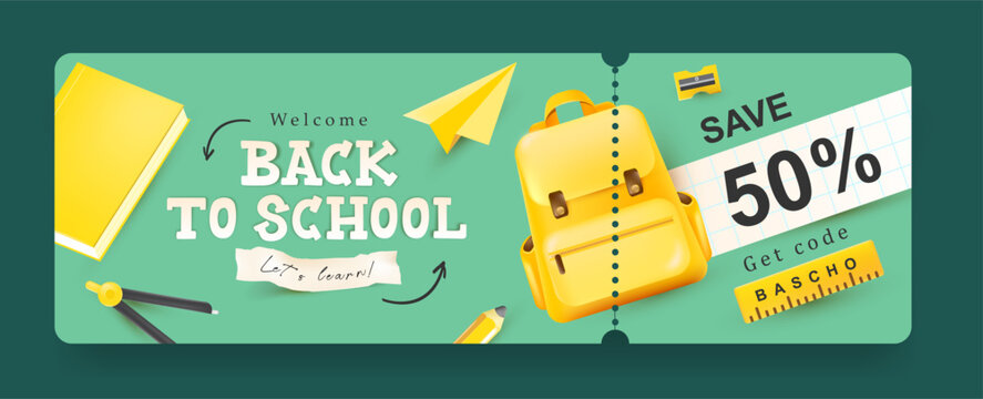 Back to school discount coupon with bold typography and school supplies on green background with yellow accents