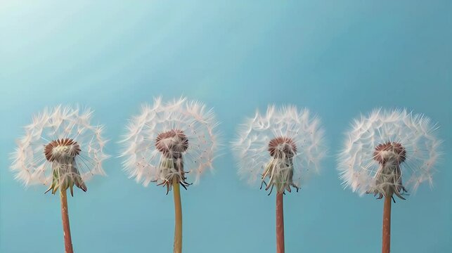 Four dandelions on blue background.