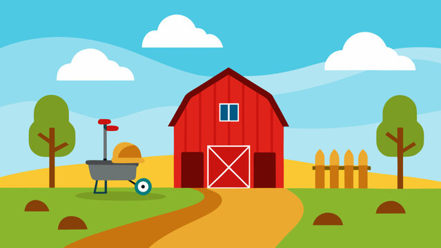barnyard with empty red barn, tool rack, wheelbarrow, and dirt paths under open sky vector illustration 