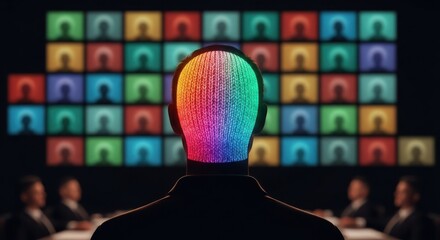 A rainbow head in a virtual meeting with many screens