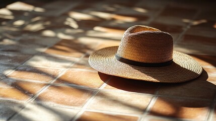 Straw hat resting on sunlit tiled floor