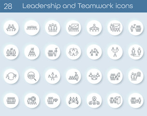 Set of modern outline icons related to leadership and teamwork. Includes collaboration, management, group support, training, planning and communication. Ideal for business and HR projects. Vector