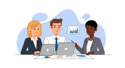 Diverse business professionals collaborating on a project, utilizing laptops and charts for a successful corporate meeting and presentation.