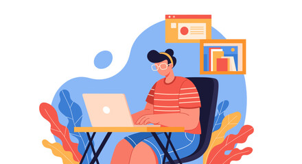A flat design illustration depicts a person diligently working on a laptop, surrounded by digital elements, symbolizing web development and online content creation.