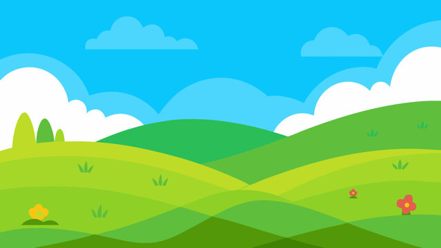 Cartoon meadow with rolling green hills under blue sky vector