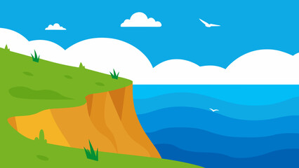 Seaside cliff in summer with waves crashing below, grassy hills above, and seagulls flying in blue sky vector illustration