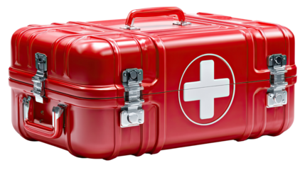 Emergency Kit: The image captures a close-up view of a bright red first aid kit. Featuring a medical cross symbol, it serves as a vital symbol of safety and emergency readiness.