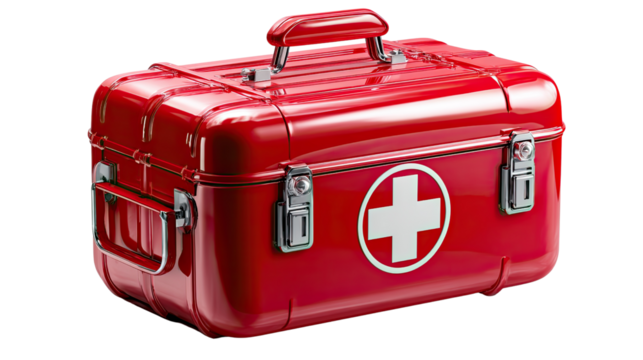 Essential Red First Aid Kit: A vibrant red first aid kit with its cross symbol, ready to provide essential supplies for emergencies, showcasing preparedness and safety.