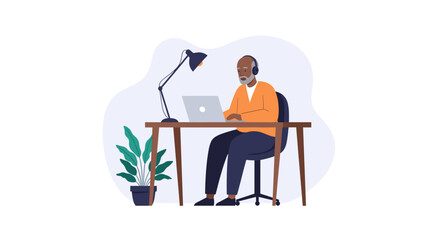 An elderly man with headphones works diligently on his laptop at a modern desk, illuminated by a stylish desk lamp, in this flat design illustration.