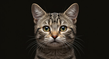 Captivating Feline Portrait: A Striking Close-Up of a Tabby Cat with Expressive Eyes Against a Deep Black Backdrop Revealing Inner Charm