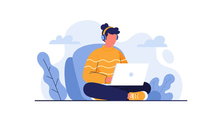 A young professional is working on a laptop with headphones in a relaxed manner, suitable for marketing materials, landing pages, and corporate presentations.