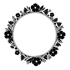 Floral frame with blossoms and leaves creates a simple, elegant frame element. This decorative frame showcases a round, black and white botanical design,
