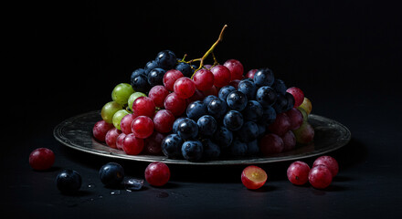 Dramatic Still Life of Assorted Grapes on a Silver Platter against Dark Backdrop Showcasing Culinary Elegance and Freshness, 105 characters