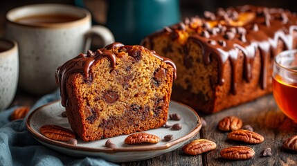 Decadent Chocolate Chip Pound Cake with Drizzled Icing and Pecans Served with Rustic Coffee Charm