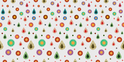 Colorful seamless pattern with balloons and balls in a fun spring design with floral ornaments, fabric background, paper pattern.