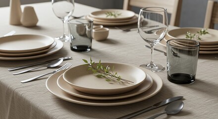Elegant Neutral Color Table Setting with Ceramic Plates Glassware and Greenery for Dining or Event