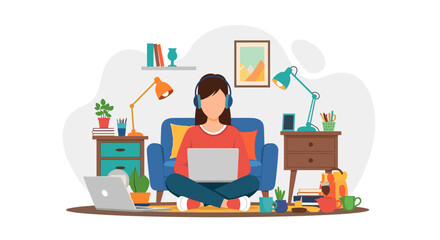 A young woman in headphones sits comfortably on the floor, working on her laptop in a cozy flat design home office environment.