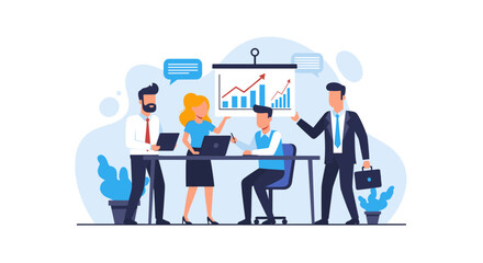 Diverse business team collaborating on a presentation with charts and data, showcasing corporate growth and marketing strategies.