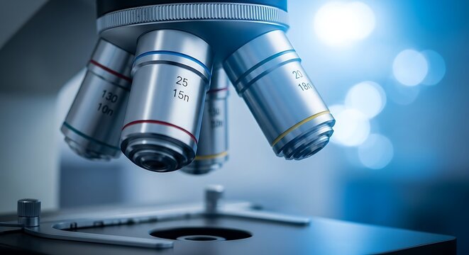 A closeup view of the objective lenses of a scientific microscope in a laboratory setting