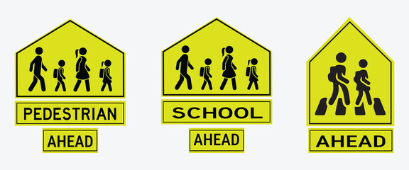 pentagon school pedestrian crossing sign set with children and adult icons for road safety