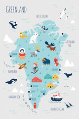 Greenland cartoon map vector colorful background, Arctic island of Kingdom of Denmark adventure doodle illustration, marine life Greenlandic children poster design travel wallpaper animal for play kid