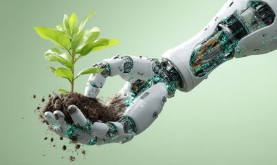 Photo of a robot hand gently cradles a young plant, symbolizing the intersection of technology and nature, and the potential for sustainable growth