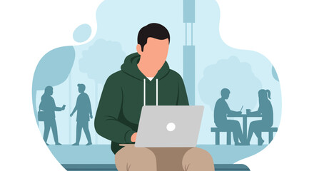 A young man in a modern flat design illustration is comfortably working on his laptop outdoors, representing remote productivity and digital connectivity.